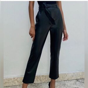 Babaton Black Belted Vegan Faux Leather High Rise Trouser Pant